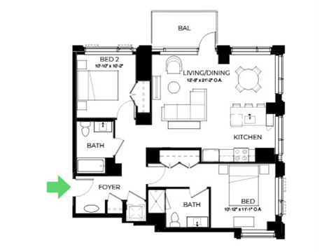 Floor plan for 2 beds, 2 baths, 1078 sqft